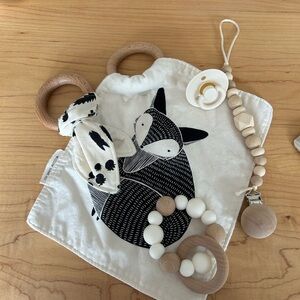Black and White Fox Baby Teether Set